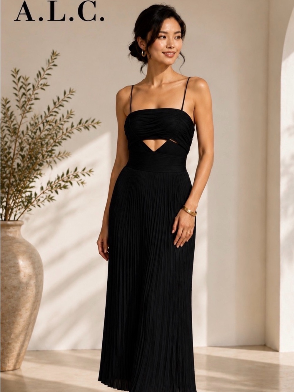 ALC Black Pleated Cutout Maxi Dress